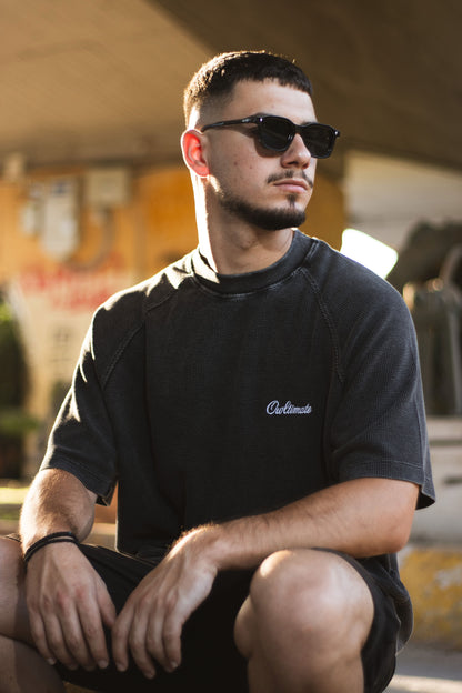 Black waffle tee.